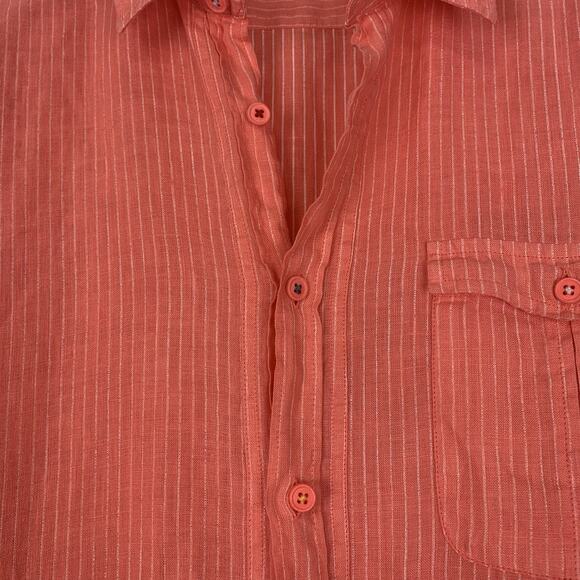 Pauawa Shirt Womens Large Linen Button Down Striped Floral Coastal Beachy Coral - Picture 3 of 11